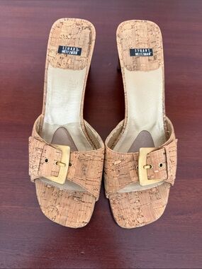 Stuart Weitzman Cork Buckle Slide Sandals in Tan with Gold Buckles